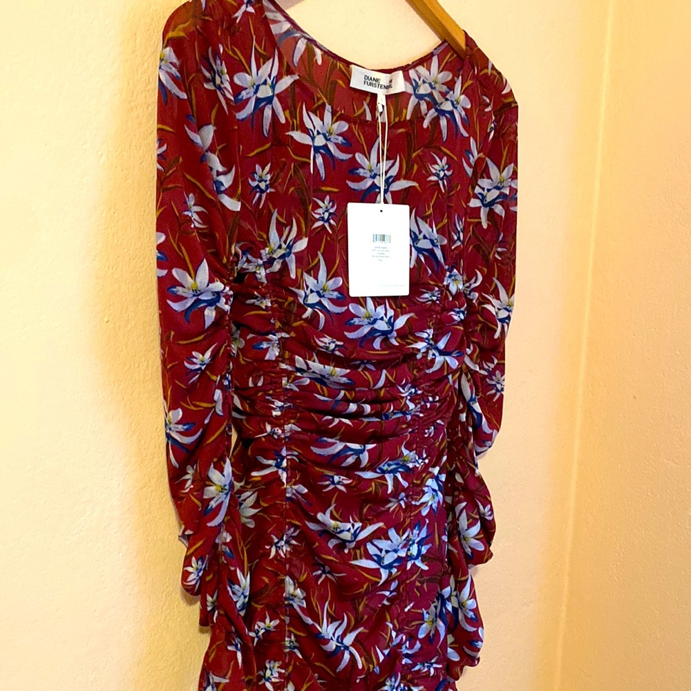 NEW DIANE VON FURSTENBERG corinne mesh ruched midi dress in harlow wine Large - Picture 10 of 11